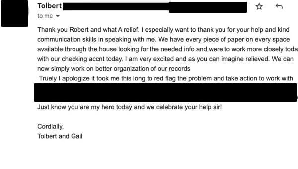 Borrower email: "Just know you are my hero today and we celebrate your help sir!"