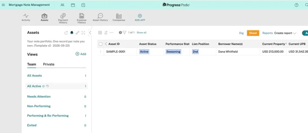 The Assets app in the FIXnotes System: one record per note, with saved views that sort the book.