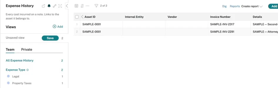 The Expense History app: a legal expense and a property-tax expense, both linked to SAMPLE-0001.