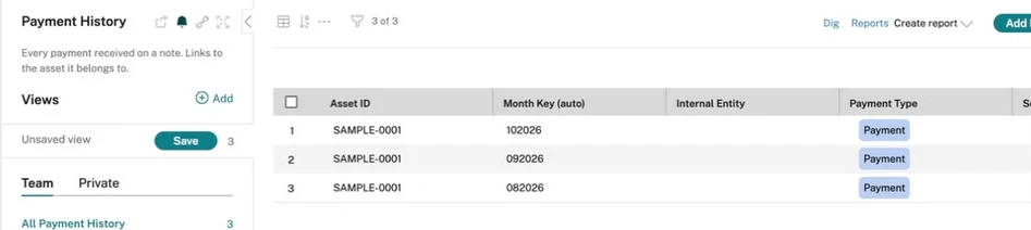 The Payment History app: three monthly payments, each linked to SAMPLE-0001.