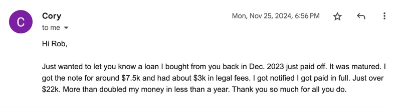 Email testimonial from Cory
