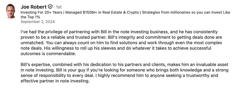LinkedIn recommendation for Bill McCafferty from Joe Robert