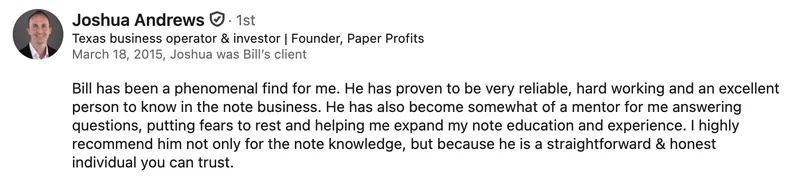 LinkedIn recommendation for Bill McCafferty from Joshua Andrews
