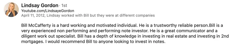 LinkedIn recommendation for Bill McCafferty from Lindsay Gordon